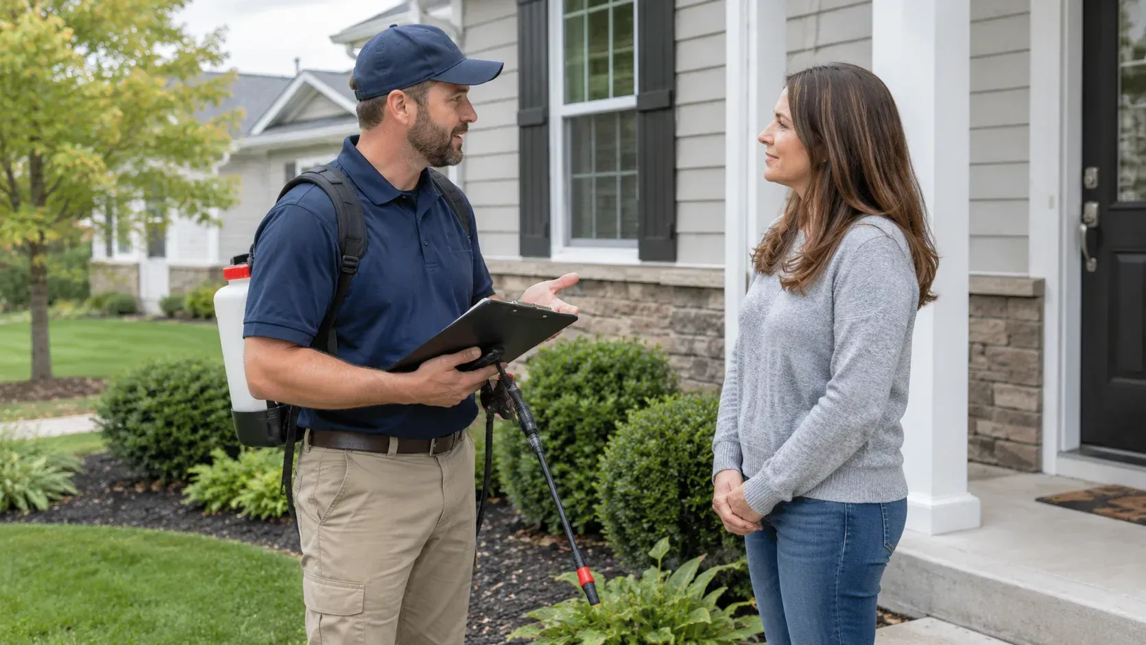 Pest control expert in uniform discusses treatment schedules with a local homeowner.