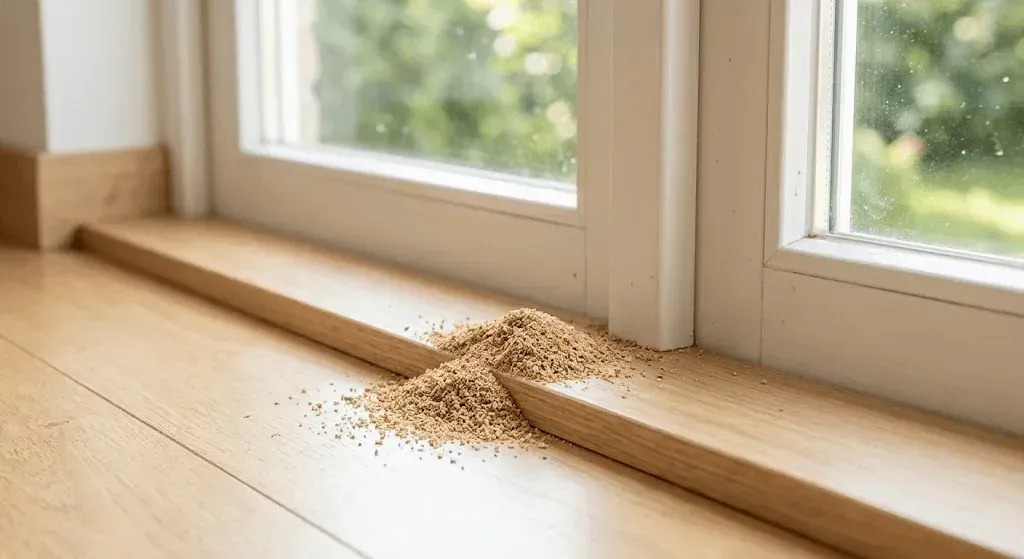 Sawdust-like carpenter ant frass piled on a wooden window sill, illustrating how do you know if you have a carpenter ant infestation.