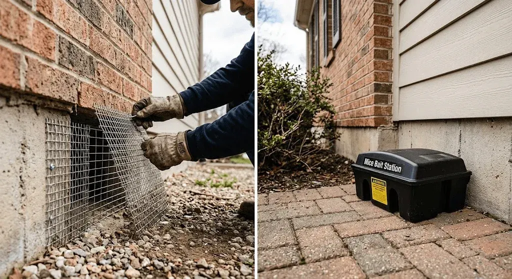 Visual comparison showing what's the difference between rodent exclusion and mice baiting