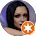Woman in a purple hood looking shocked with an orange star symbol on the lower right corner.
