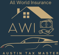 Logo for All World Insurance, featuring a house, money, car, and initials AWI; text reads 