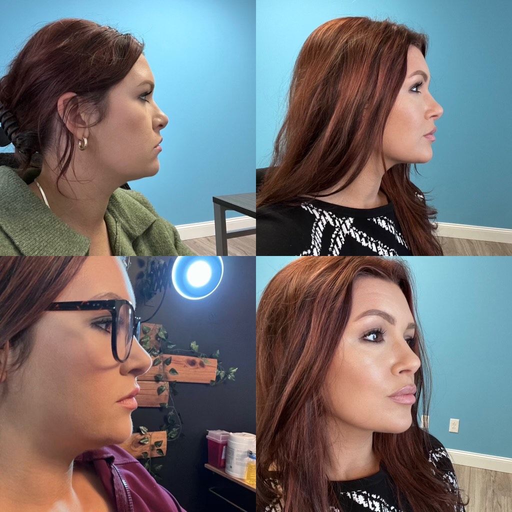 Four side-profile photos of a person with long, dark hair. Different settings and clothing.