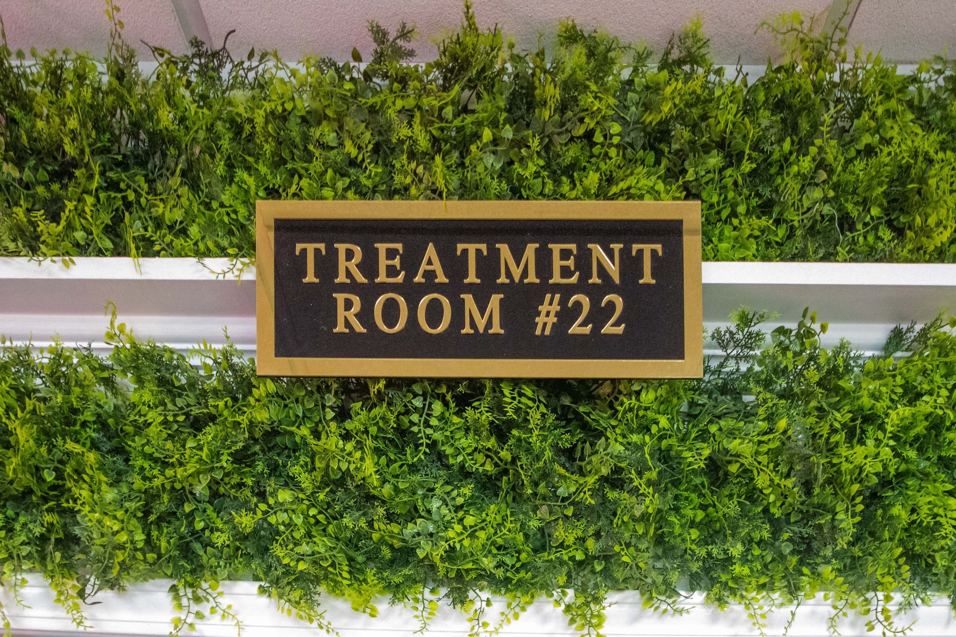 Sign for Treatment Room #22, mounted on a wall of green vines and plants.