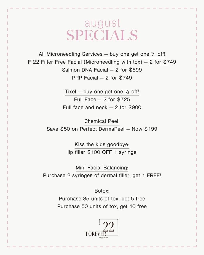 January specials from Forskin: Tox, lip filler, facial balancing, and salmon DNA facial/microneedling, with savings.