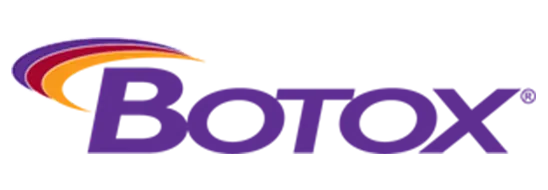 Logo for Botox: purple wordmark with curved lines in red, orange, and purple above.