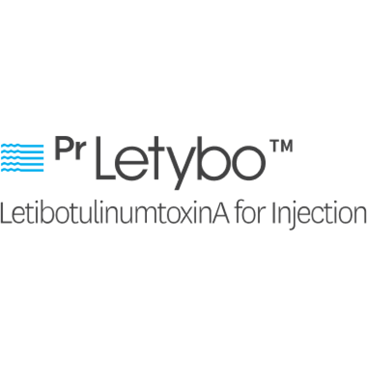 Logo for Pr Letybo, a product of letibotulinumtoxinA for injection; name in dark gray, with blue wave design.