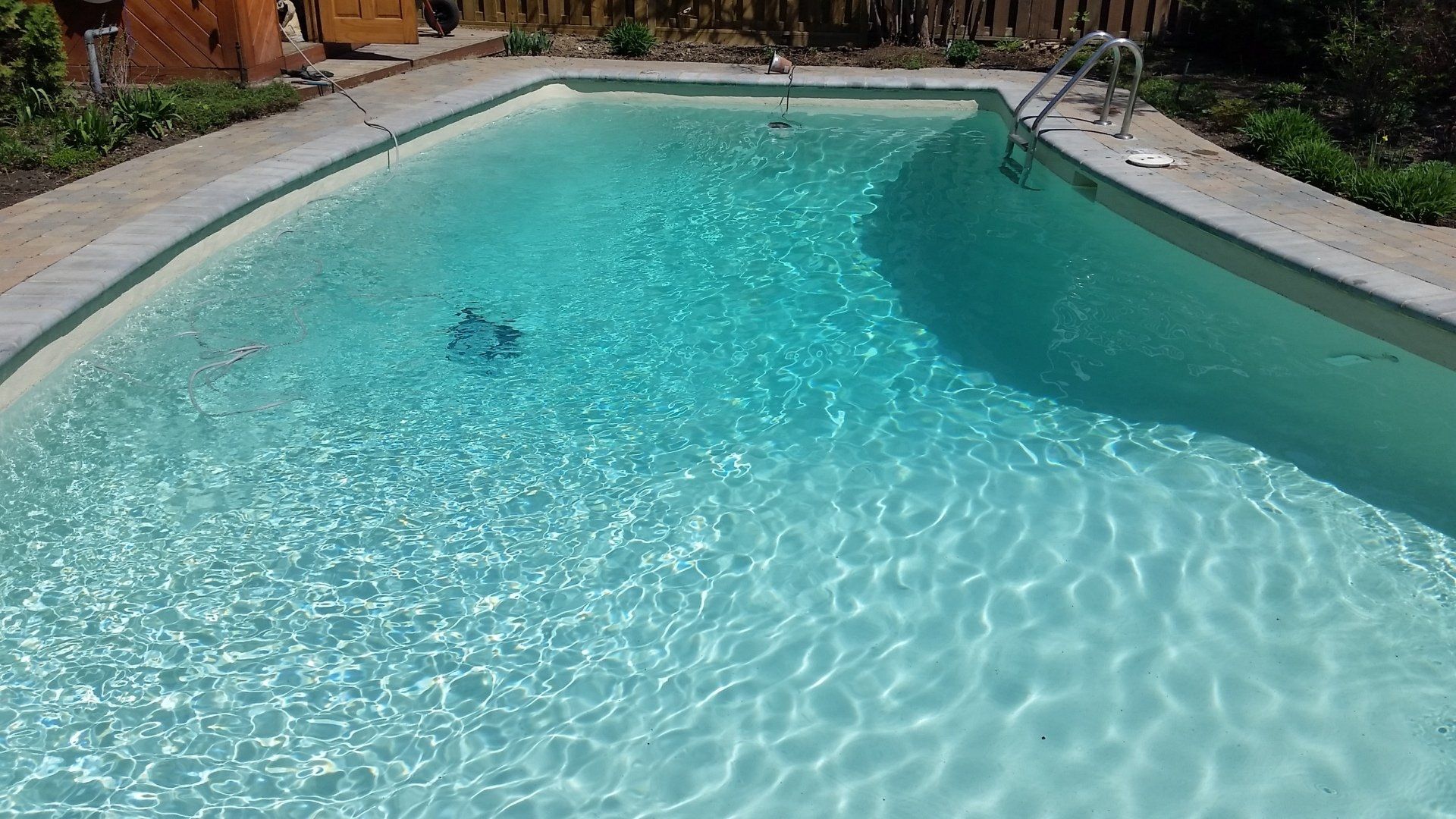Une grande piscine remplie d'eau bleue dans une cour arrière.