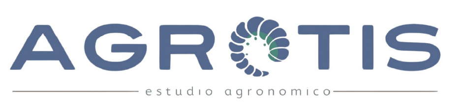 Logotipo de AGROTIS, un estudio agronómico, que presenta texto azul con un gráfico de un insecto estilizado y curvado que reemplaza la letra O.