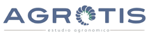 Logotipo de AGROTIS, un estudio agronómico, que presenta texto azul con un gráfico de un insecto estilizado y curvado que reemplaza la letra O.