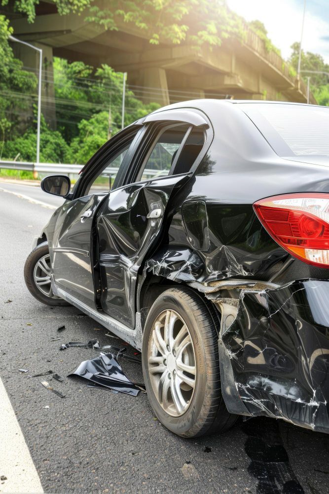 Severely damaged black sedan after a crash on a highway shoulder, with a smashed rear door and debris on the road