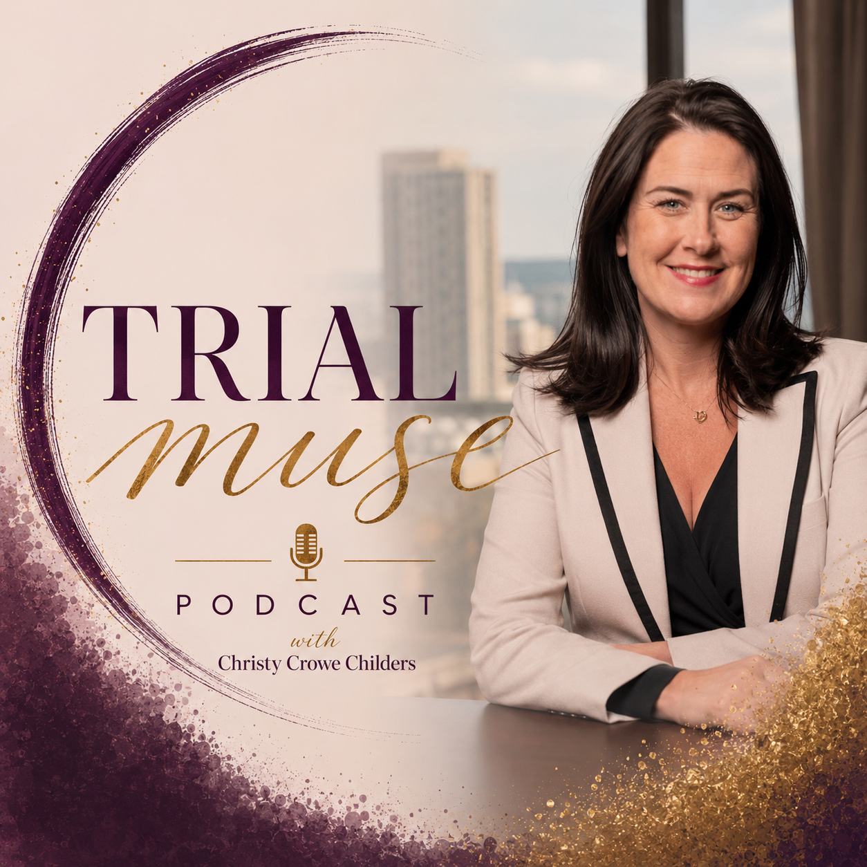 Trial Muse podcast cover with a smiling woman in a white blazer beside purple and gold text on a soft pink background