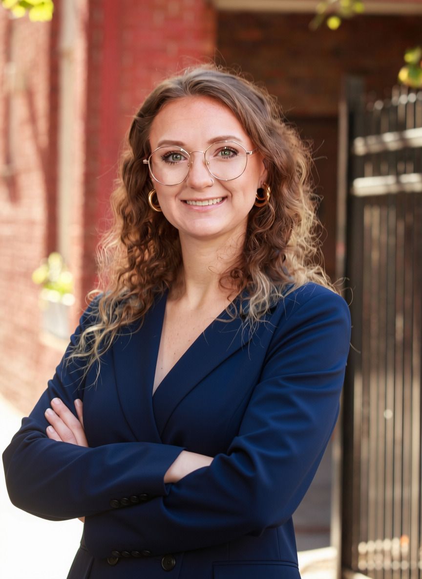 Woman in a navy blazer standing with arms crossed outdoors, smiling in front of a brick building.