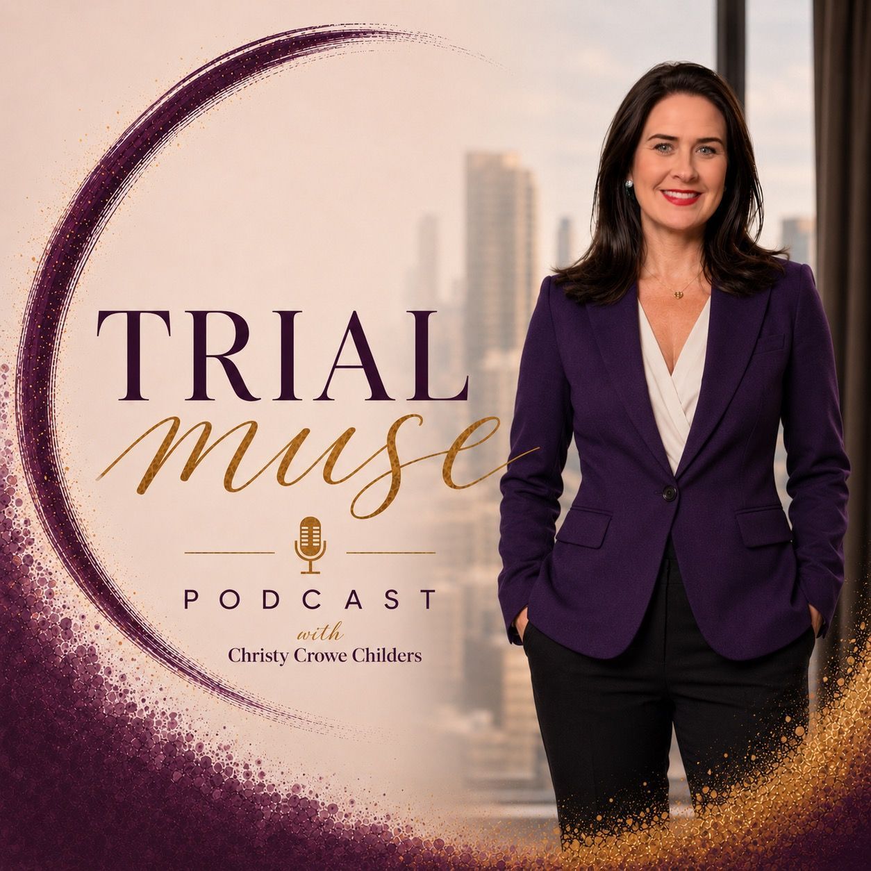 Trial Muse podcast cover with woman in a purple blazer beside city skyline text.