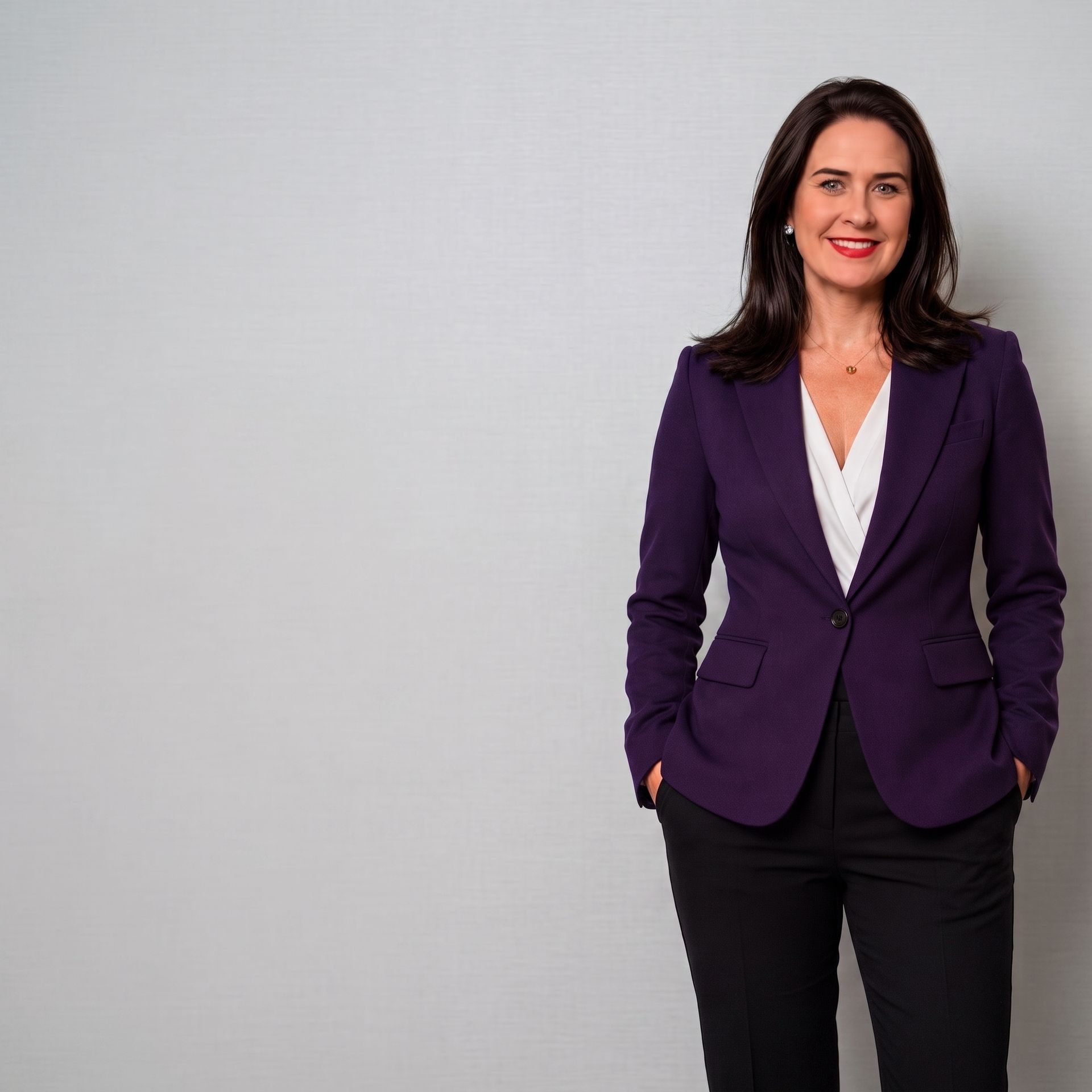 Woman in a purple blazer and black pants standing against a gray background.