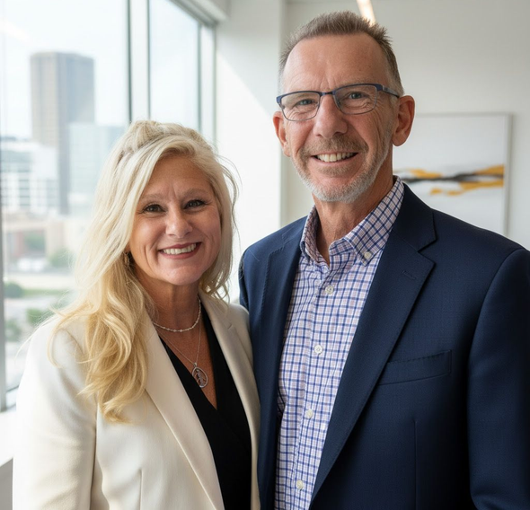 Smiling couple in business attire standing by a bright window in a modern office.