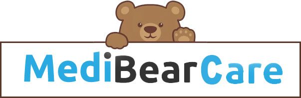 MediBearCare logo with blue text and a brown bear peeking over the top
