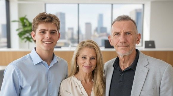 Three professionals standing together in a bright office with a city view, smiling at the camera