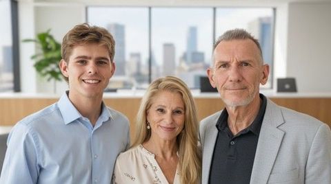 Three professionals standing together in a bright office with a city view, smiling at the camera