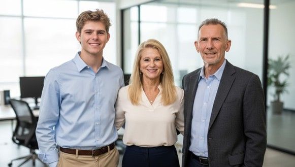 Three business professionals standing together in a bright office, smiling at the camera.