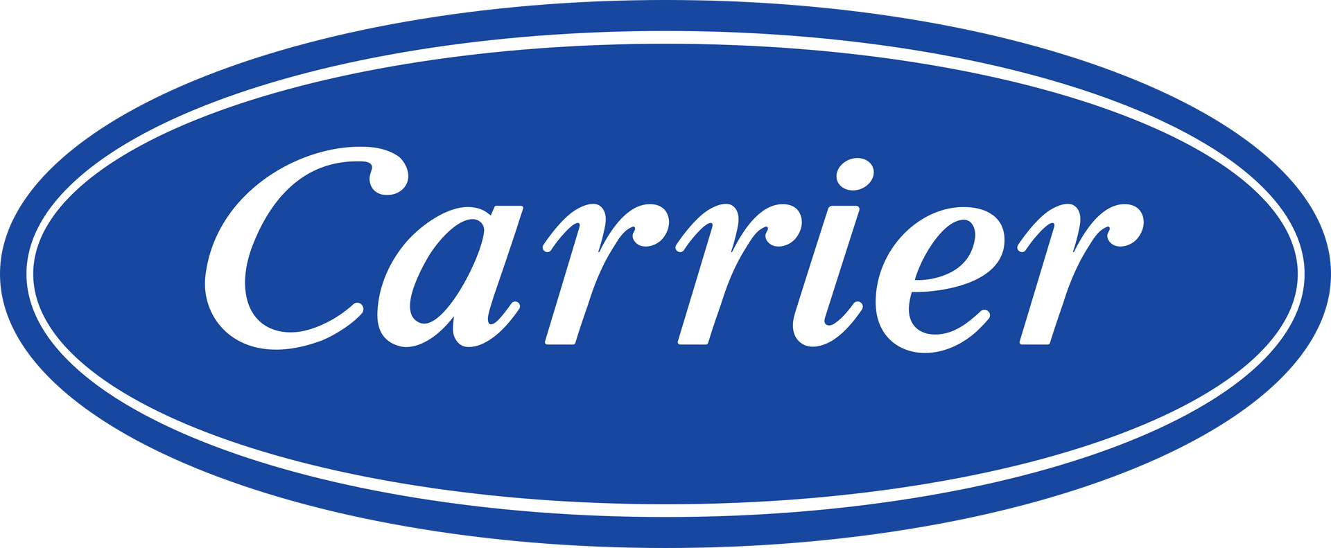 Carrier logo in a blue oval with a white border, the word "Carrier" is written in white cursive.
