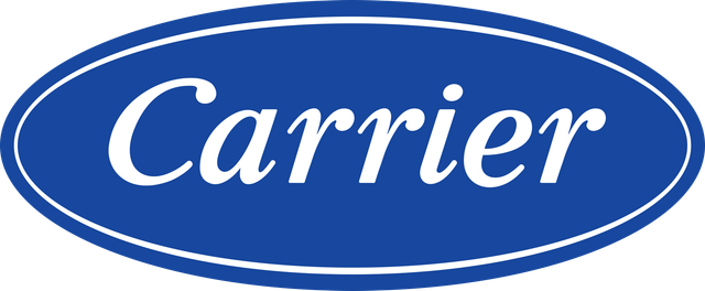 Carrier logo in a blue oval with a white border, the word "Carrier" is written in white cursive.