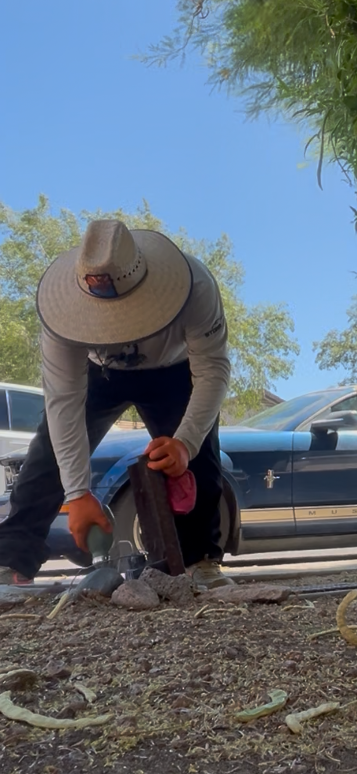 Person crouching outdoors, picking up trash near a car under a clear blue sky.