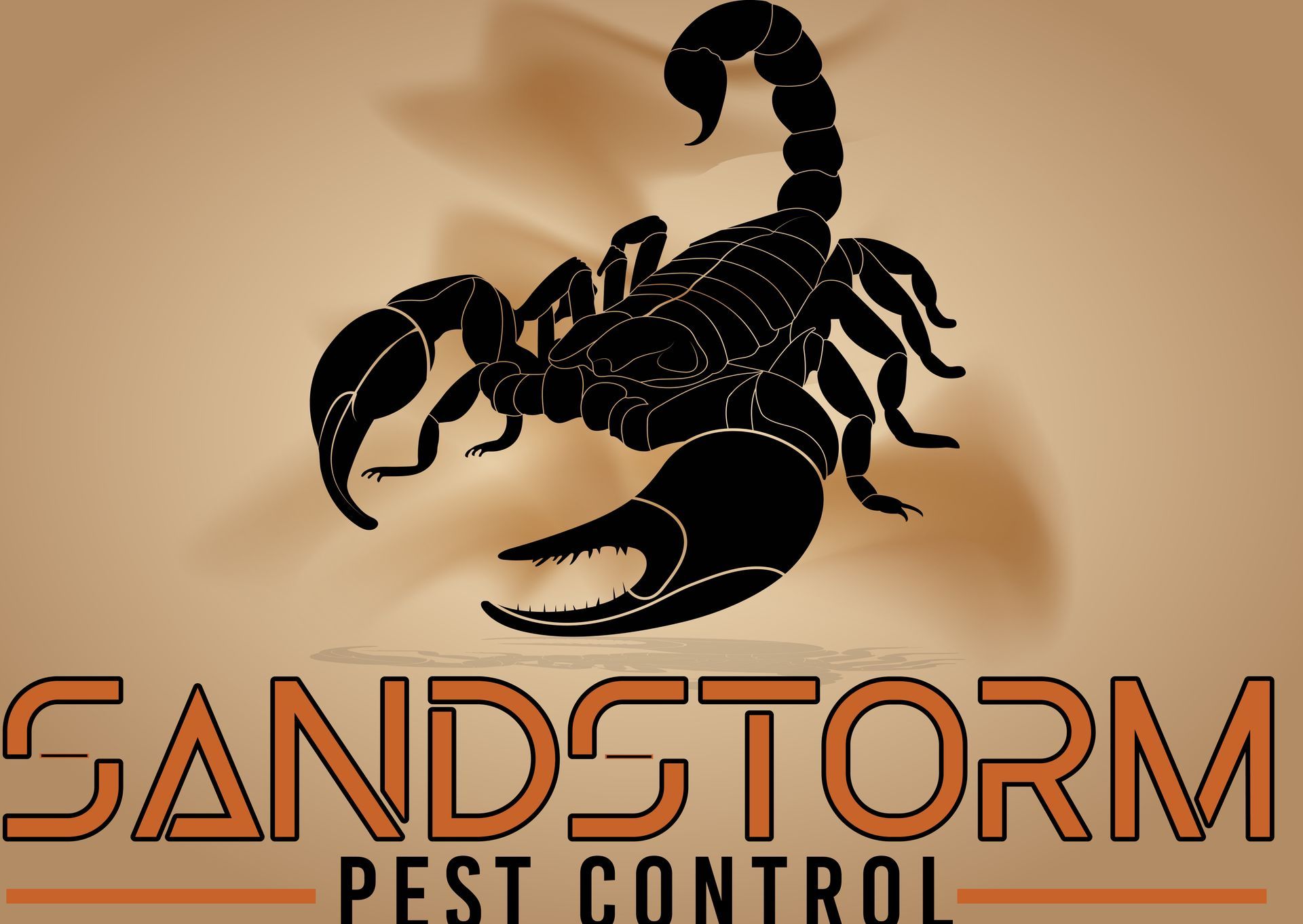 Black scorpion logo above Sandstorm Pest Control text on a tan background