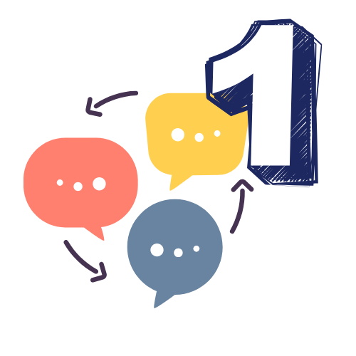 Three speech bubbles connected by arrows, with a number 1 above.