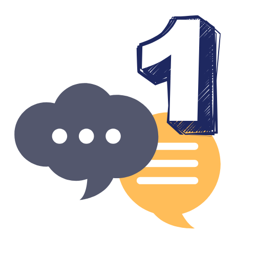 Number one above two speech bubbles; one gray with three dots, one yellow with horizontal lines.