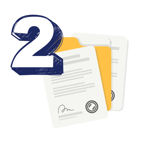 Number 2 in a blue outline above three document files.