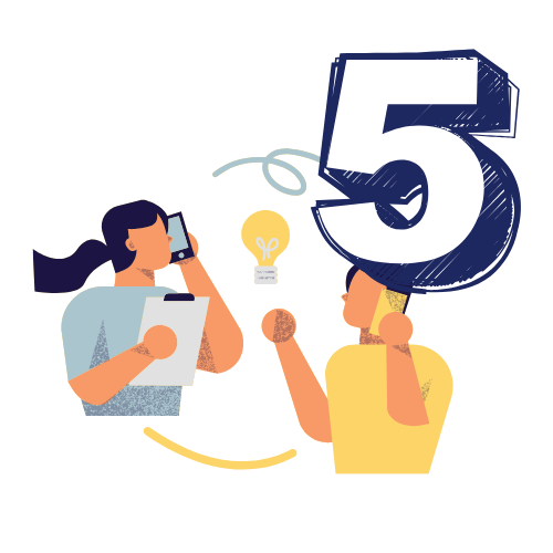 Two people on phones with a lightbulb idea and large number
