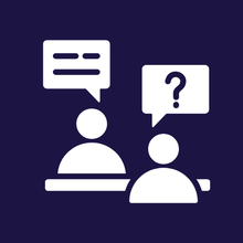 Two people communicating: one speaking, one asking a question in speech bubbles.