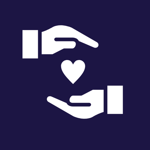 Hands cupping a heart symbol, on dark blue background, representing care.