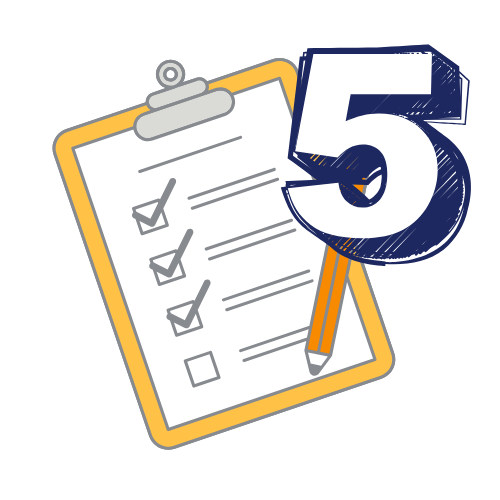 Clipboard checklist with three checked boxes, one unchecked box, pencil, and the number 5.