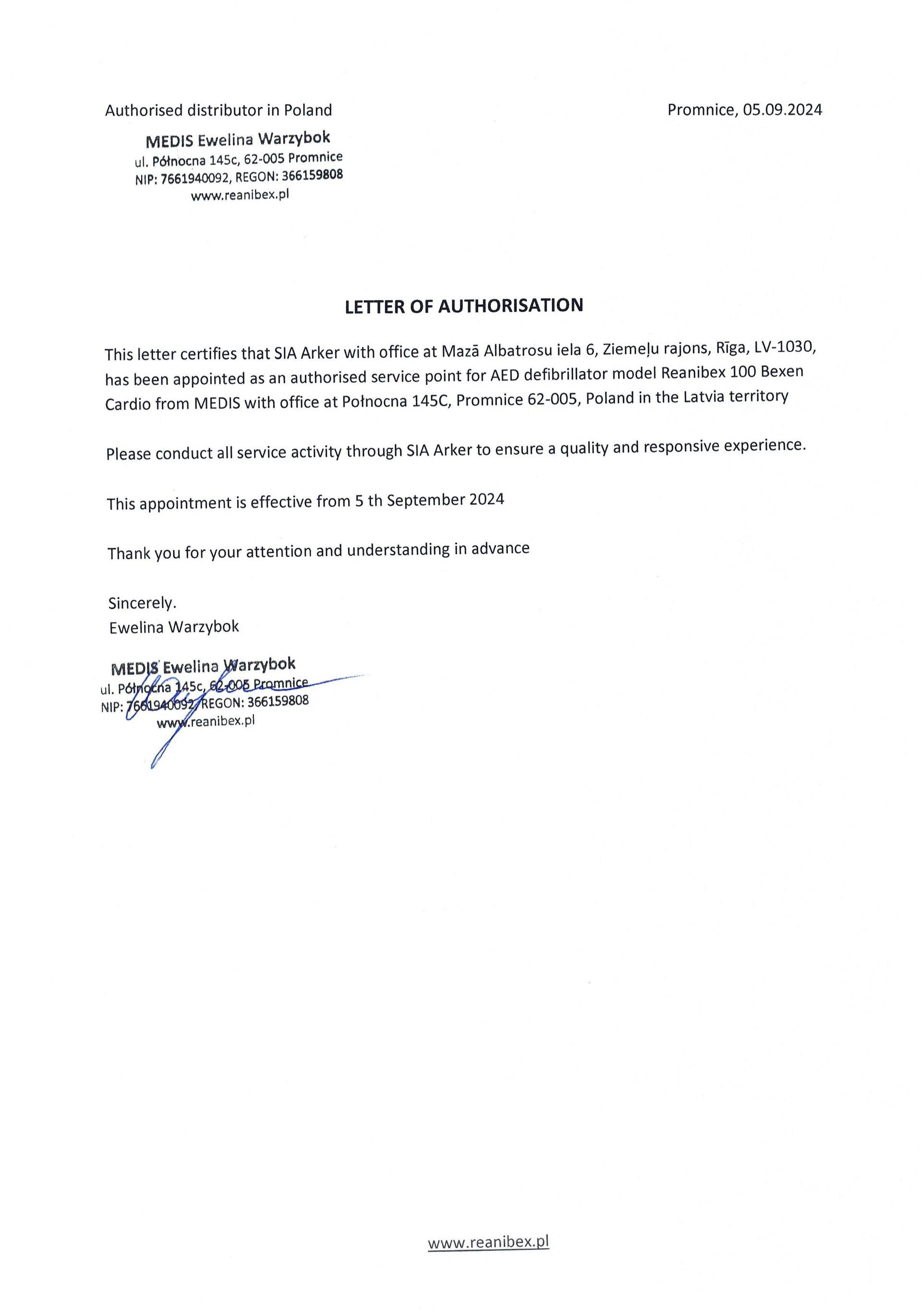 Authorisation letter ARKER for Reanibex100 service in Latvia