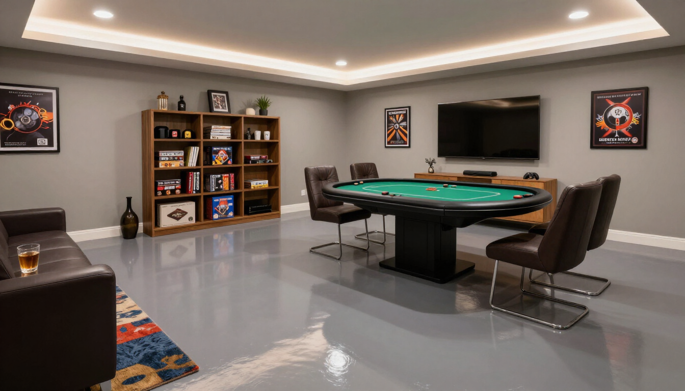 Polyaspartic floor coating in a basement game room