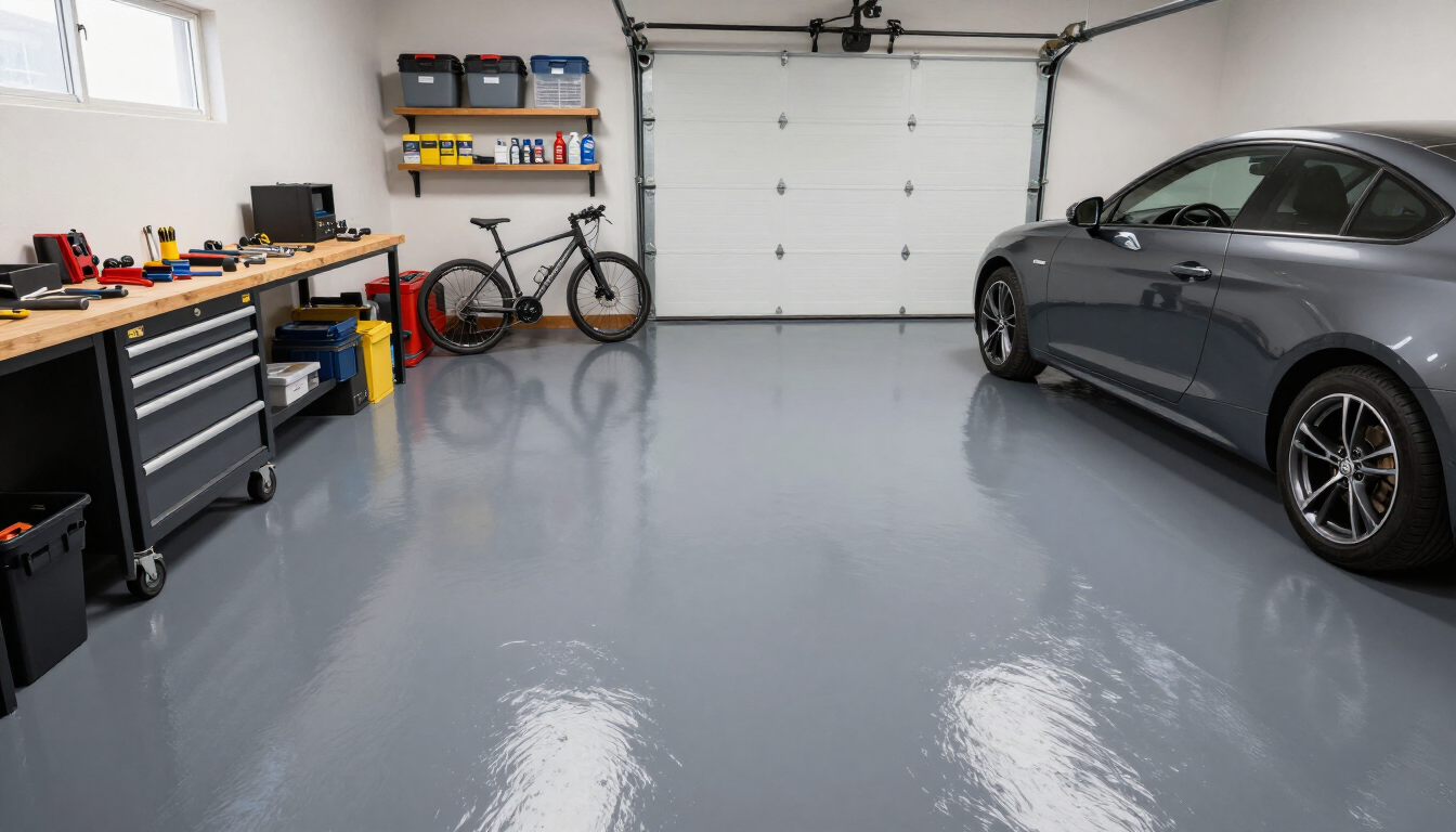 Polyaspartic floor coating in a garage