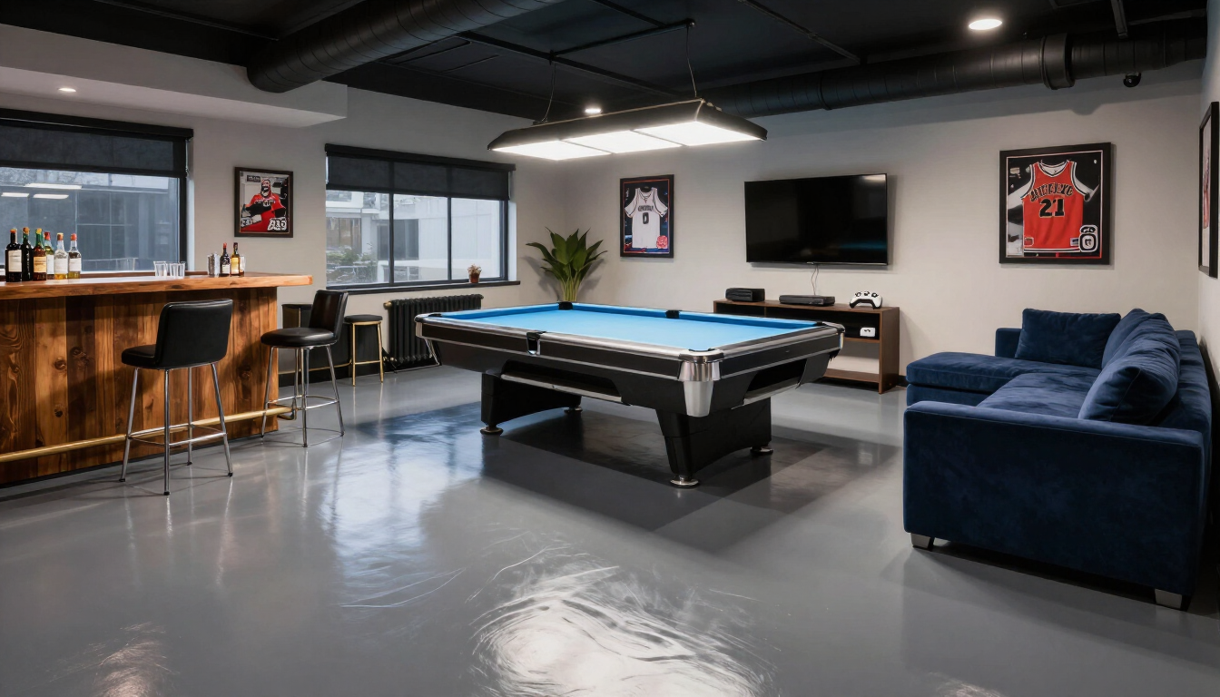 Polyaspartic floor coating in a basement game room
