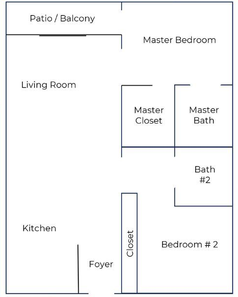 Floor plan for a 2-bedroom apartment, 1,135 sqft. Includes a master bedroom, living room, kitchen, and patio.