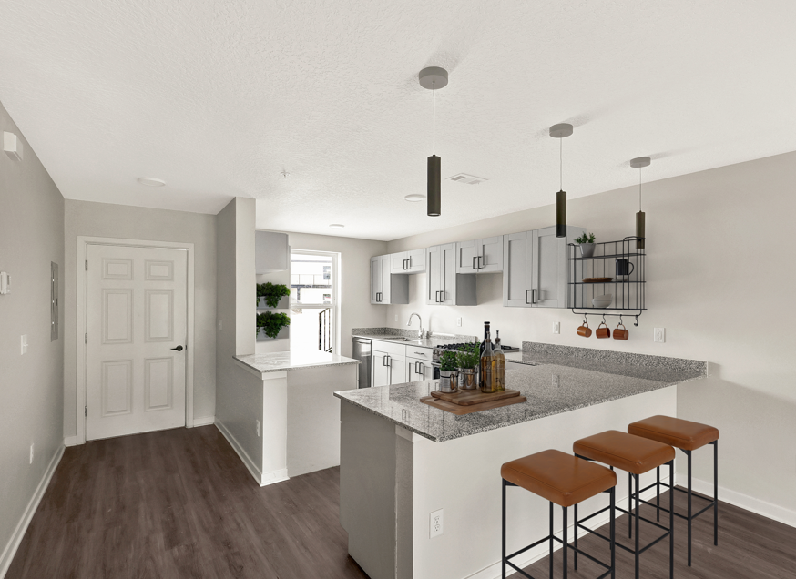 Huntington Forest kitchen with granite countertops and modern appliances.