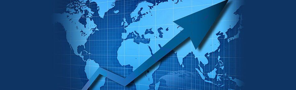 Gráfico de mapa mundial con flecha de crecimiento de exportaciones e importaciones