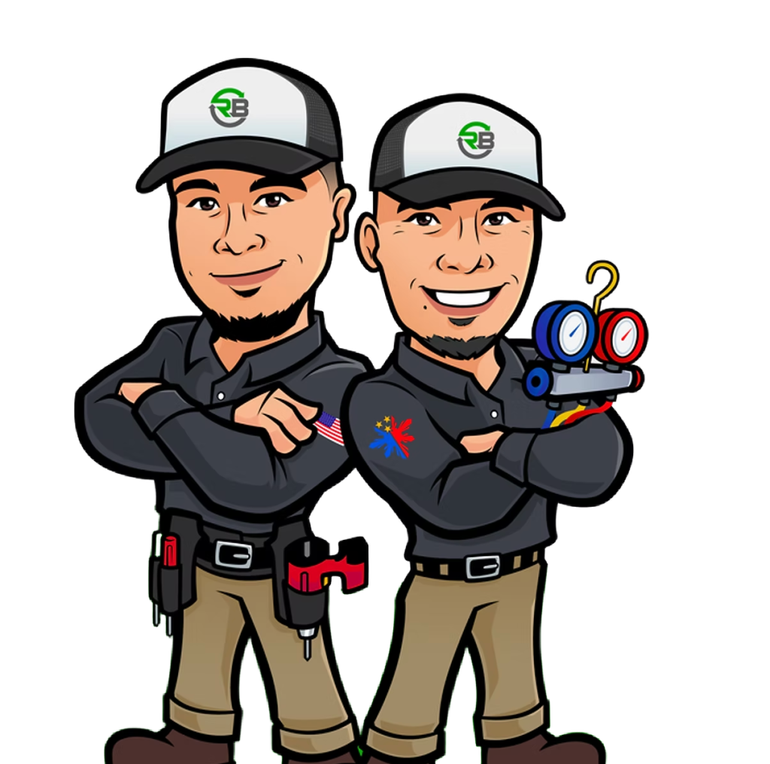 Two uniformed technicians standing back-to-back, one holding a pressure gauge tool.