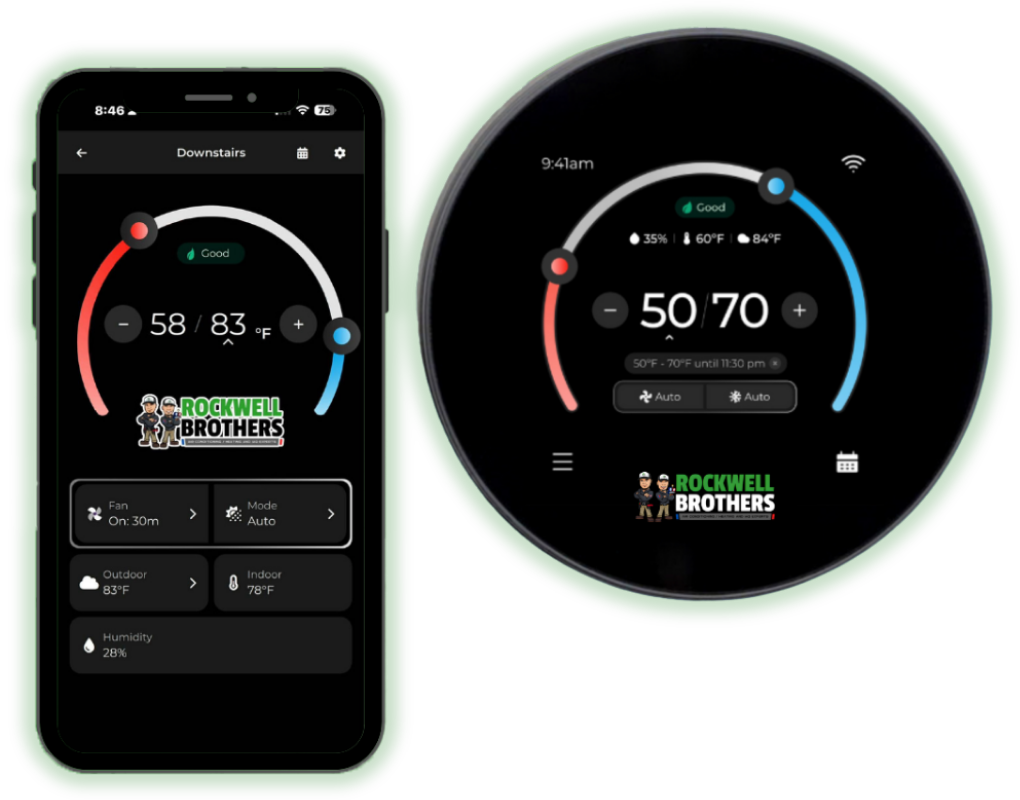 Smart home thermostat control app shown on a phone and round wall display, with temperature dials in dark mode