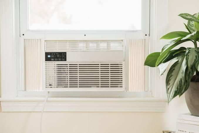 Window air conditioner in a white wall, with a green potted plant beside it