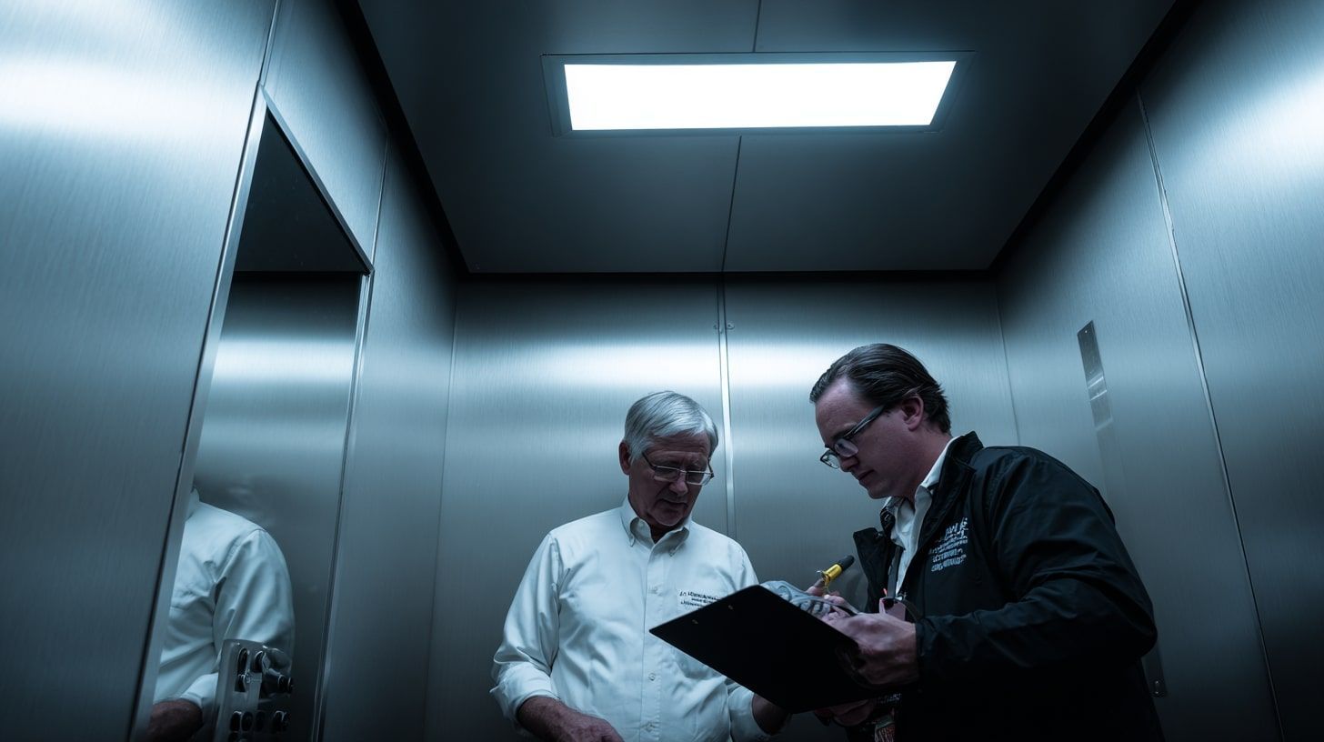Inspectors review air quality data inside a metal elevator cab.