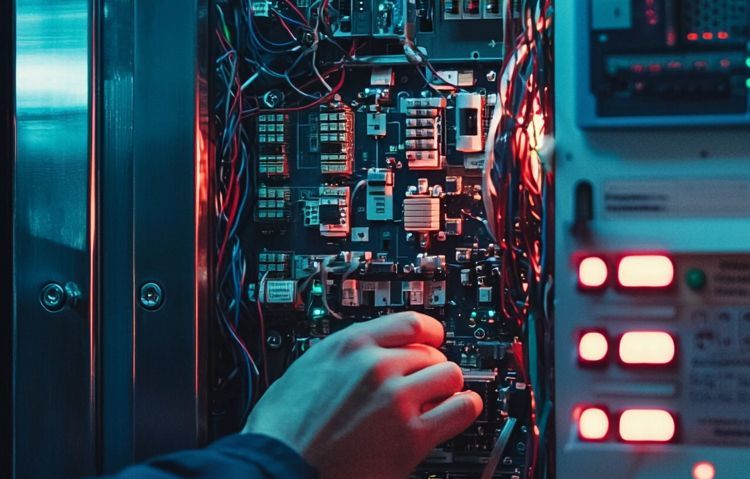 elevator control panel box inside a building’s service area