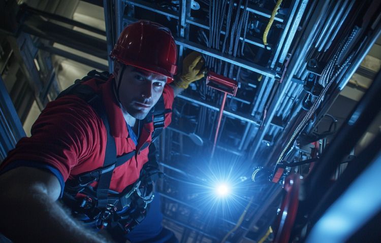 elevator technician conducting a detailed condition assessment inside an elevator shaft