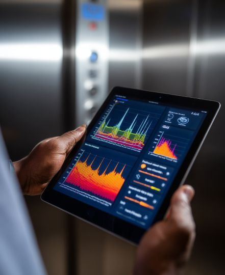 technician holding tablet displaying remote elevator diagnostics