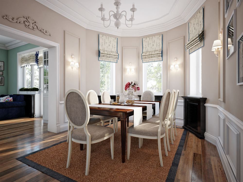A Dining Room With a Table and Chairs and a Fireplace — Tully Blinds in Cardwell, QLD