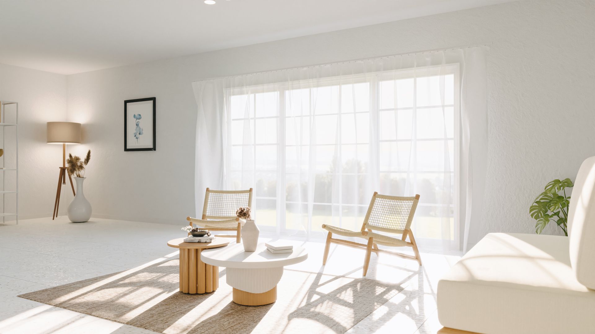 A Room With Chairs and a Coffee Table with sheer curtains — Tully Blinds in Tully, QLD